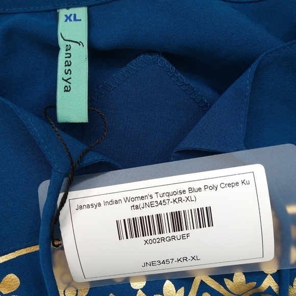 Janasya NWT Indian Turquoise Blue Gold Floral Poly Crepe Kurta Tunic Boho Exotic - Picture 8 of 10